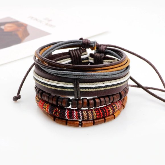 Boho 5 PC Set Wood Beads Leather Bracelets - Picture 7 of 7
